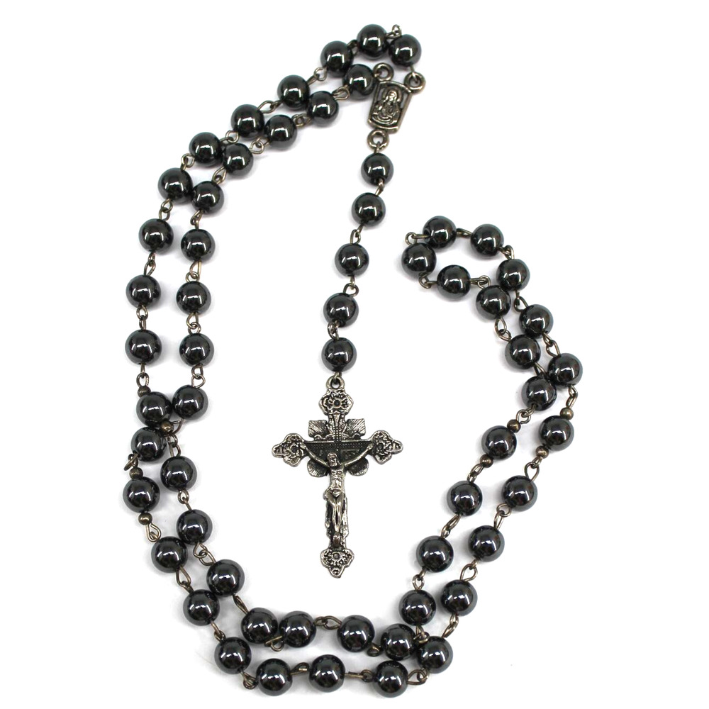 Vintage Catholic Hematite Ball Necklace Rosary 28" Silvertone Etched Cross